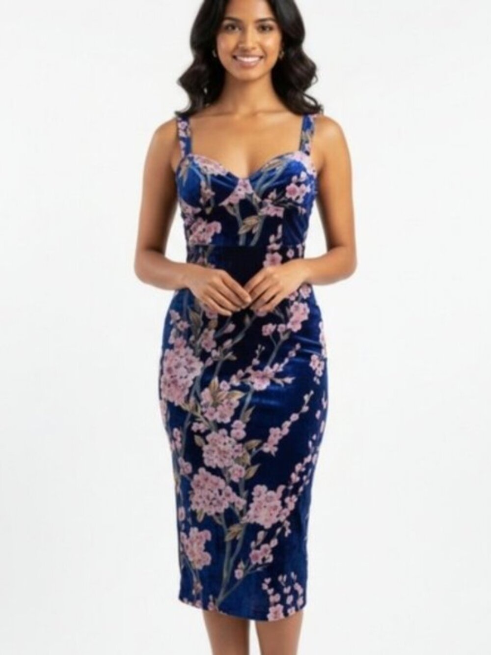 Lulus Velvet Floral Midi Dress Lace-Up Back Side Slit Romantic Dress Large - Picture 3 of 12